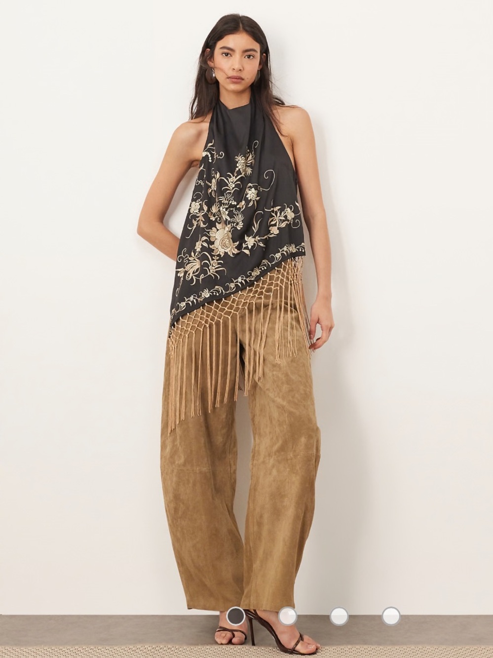 ISO Fringed Halter Scarf Top with Embroidered Detail (black or cream)